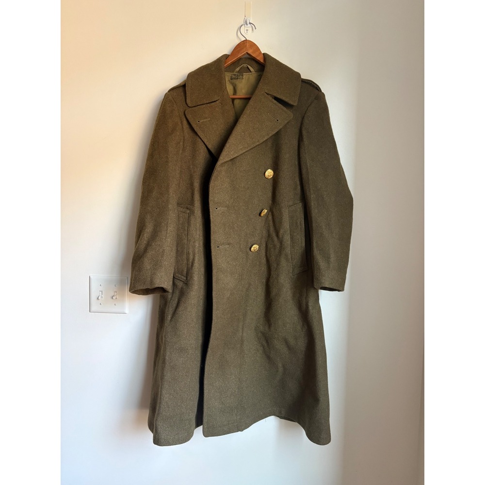 Vintage 1948 US Army Wool Overcoat Men Green Double Breasted Trench Coat 36S WW2